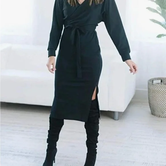 Ferlema Women's V Neck Belted Long Batwing Sleeves Party Knit Sweater Dress - Picture 3 of 4